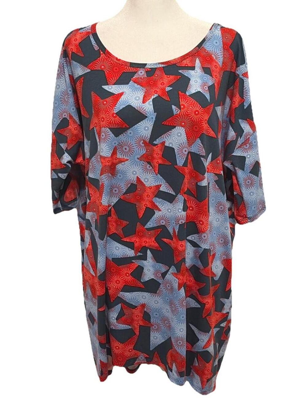 NWT LuLaRoe Irma Large Tunic Blue And Red Patriotic Star Print Top Size 16-18
